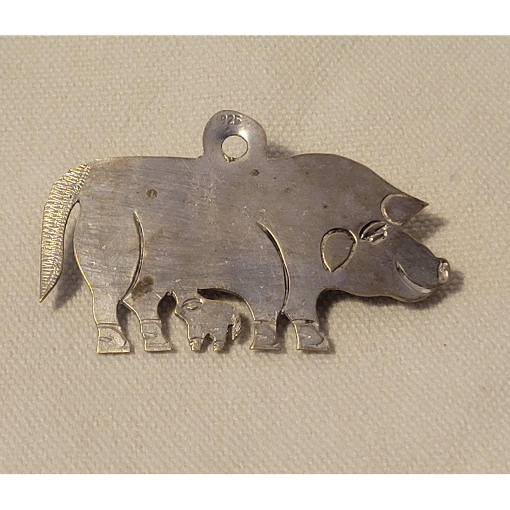 Vintage 925 Silver Hand Etched Artisan Folk Art Pig With Baby Pendant Brooch 6g